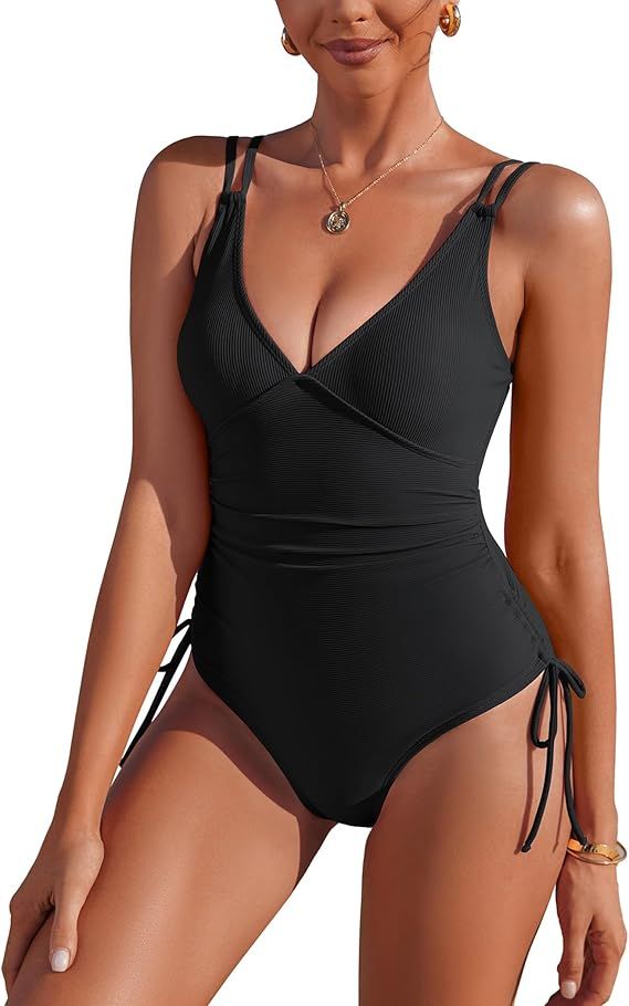 AI'MAGE Women's One Piece Swimsuit Tummy Control Swimsuits V Neck Ribbed Bathing Suits with Sides... | Amazon (US)