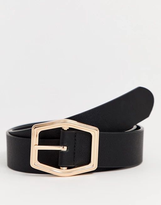 ASOS DESIGN faux leather wide belt in black with gold hexagon buckle | ASOS US