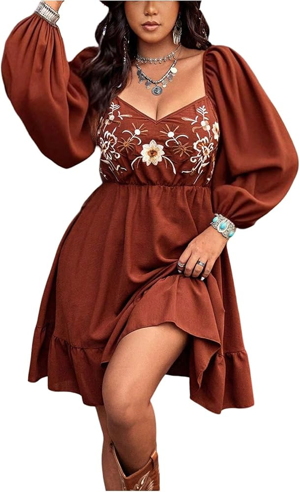SweatyRocks Women's Boho Western A Line Dresses Embroidered Bishop Sleeve Ruffled Flowy Short Dre... | Amazon (US)