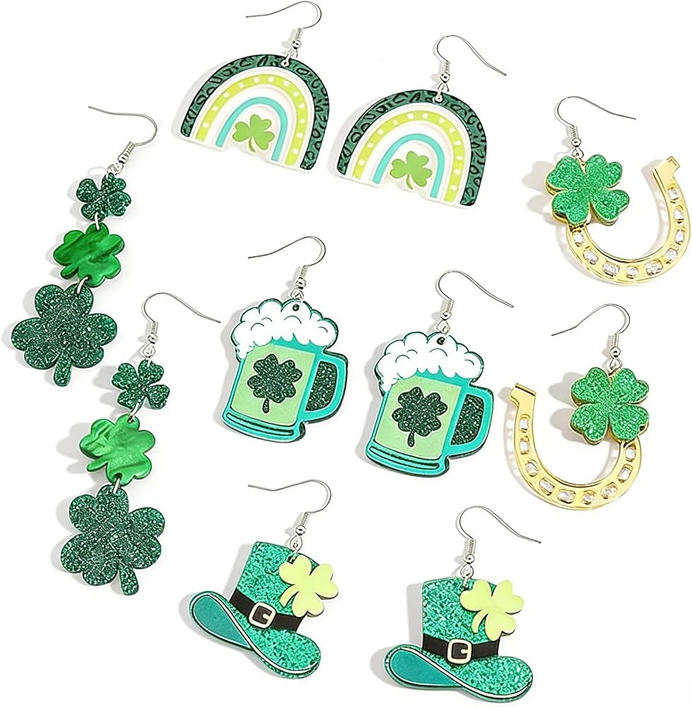 5 Pairs St. Patrick'S Day Water Cup Horse Hooves Earrings Holiday Rainbow Green Hat Four Leaf Clo... | Amazon (US)