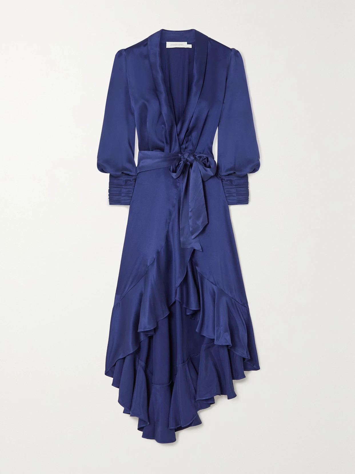 Zimmermann - Asymmetric Ruffled Silk-satin Midi Wrap Dress - Blue | NET-A-PORTER (US)