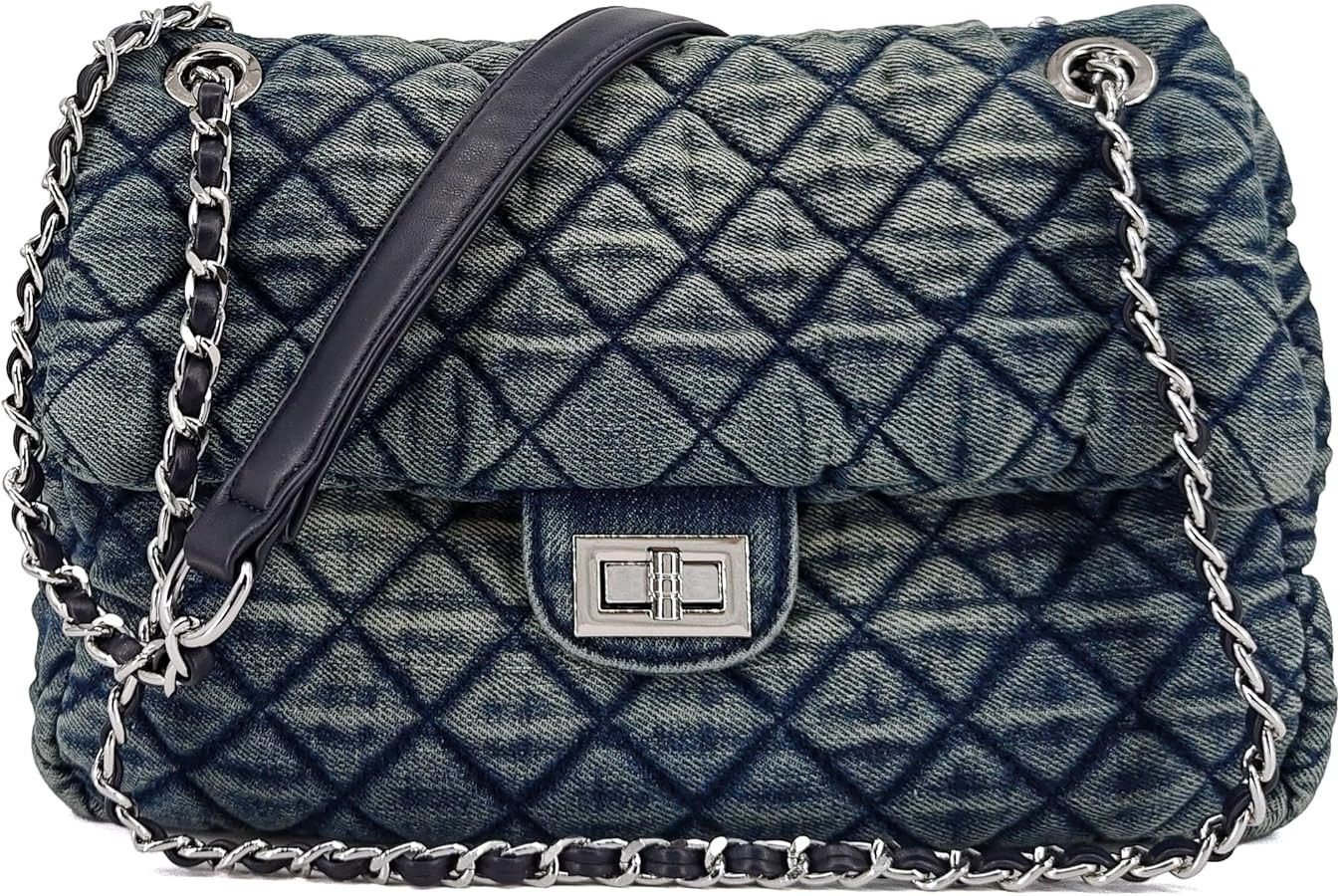Quilted Denim Purse, Shoulder Bag for Women, Crossbody Flap Tote Bag,Silver Chain Hobo Bag, Vinta... | Amazon (US)