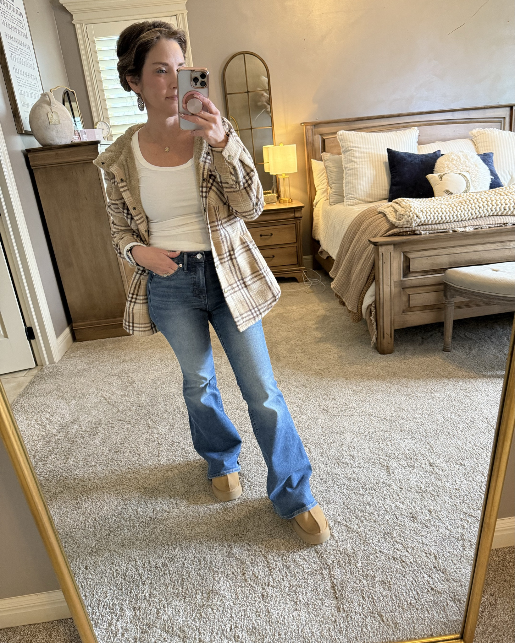 These jeans 👖 are literally the best flare pants!! So affordable too. Love this shacket size small slightly oversized with under shirt size small true to size. 

Perfect Crazy Busy Mamas look 

#LTKOver40 #LTKFindsUnder50 #LTKStyleTip