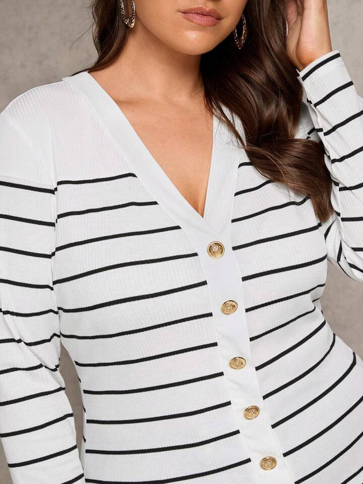 SHEIN Clasi Plus Size Casual Striped Decorative Button Up Top Work Women Clothes | SHEIN