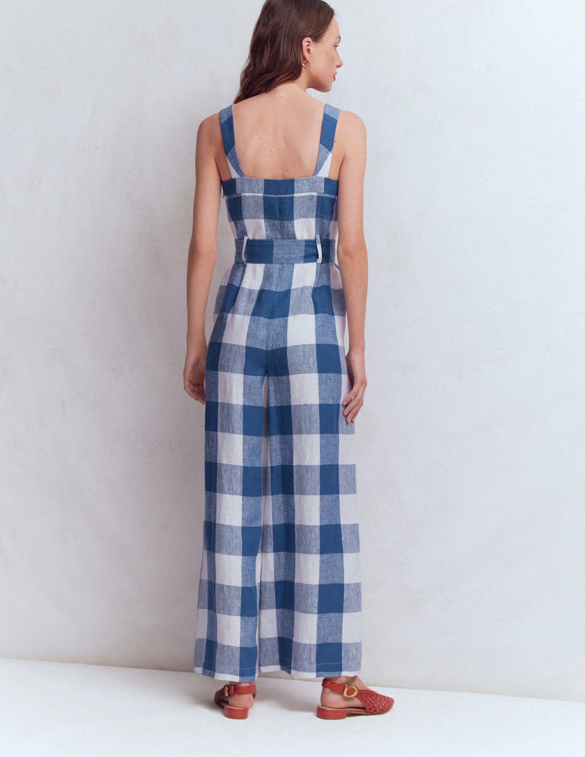 Panelled Bodice Linen Jumpsuit-Denim Blue Gingham | Boden (US)