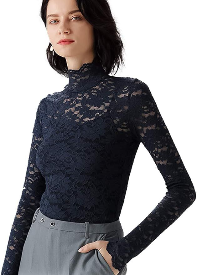 Women 2 Set Plus Size Floral Lace Shirt Eyelash Trim Sexy Long Sleeves Casual Dressy Top with Cam... | Amazon (US)