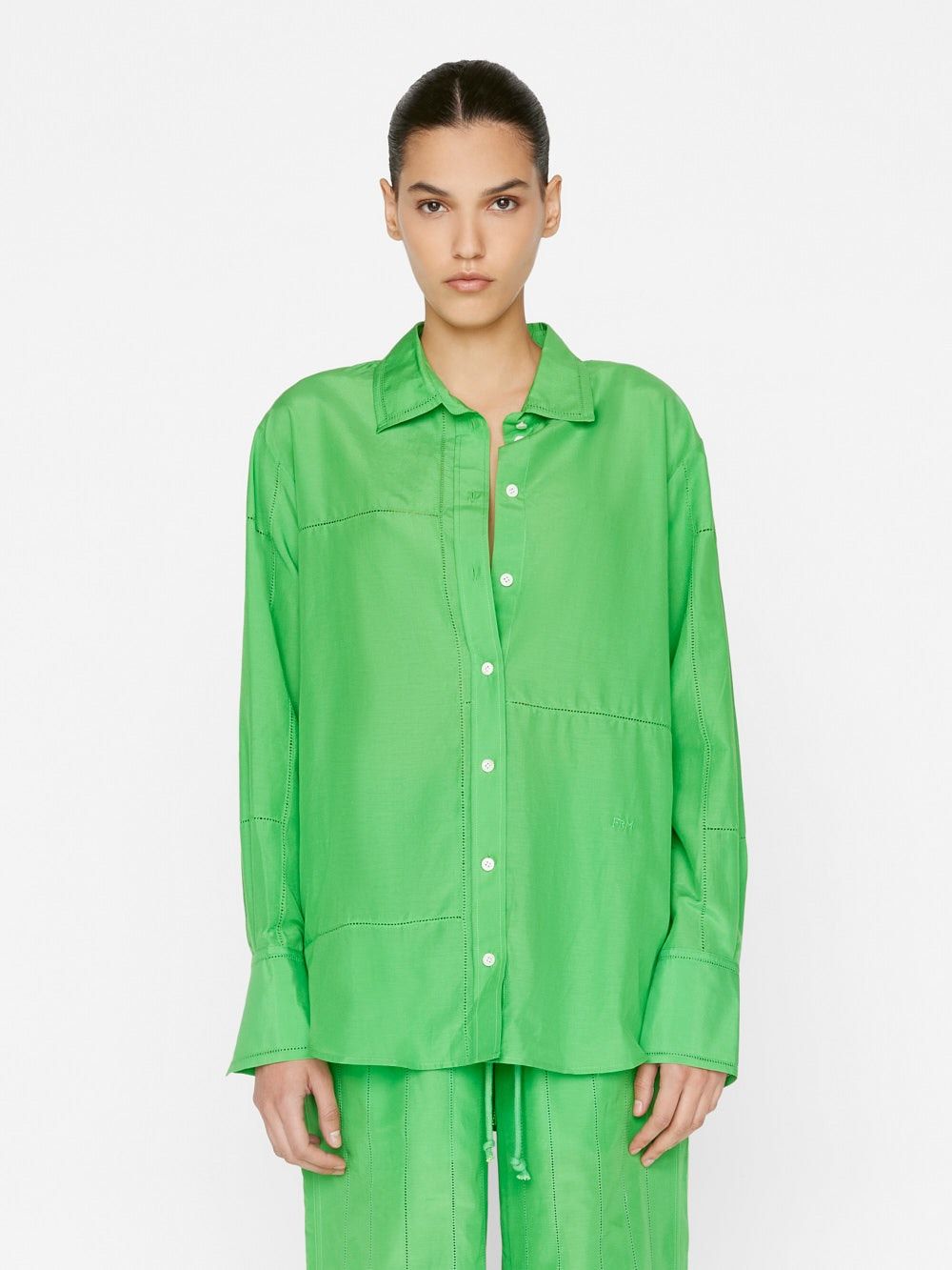 The Oversized Linear Lace Shirt -- Bright Peridot | Frame Denim