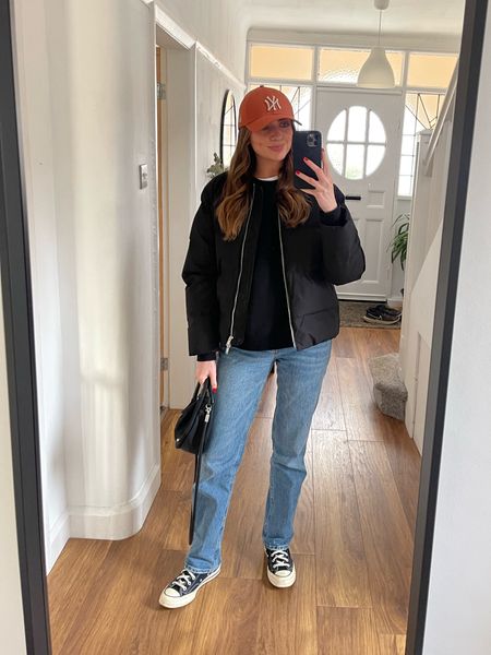 Today’s very chilled, casual outfit

Massimo Dutti bomber jacket (I can’t link the UK site via LTK anymore so I’ve linked similar)

Topshop black sweatshirt 

Abercrombie Ultra High Rise 90s Straight Jean in medium 
I wear the 26Reg
Store Item: 155-555-2982-278
Web Item: 311431/155-2644-2982-278 

I’m 5ft 6 for an idea of the regular length on me

Converse chuck 70 hi-tops

Ganni Black bag

New Era peach coloured cap

Casual outfit, Sunday style, blue jeans outfit 

#LTKSeasonal
