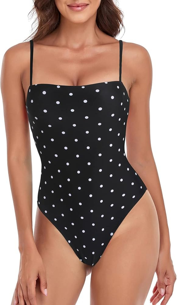 RELLECIGA Women's Black Polka Dot High Cut Bandeau One Piece Swimsuits with Adjustable Shoulder S... | Amazon (US)