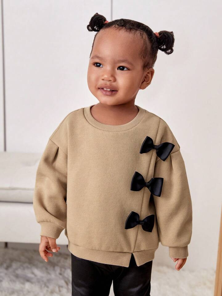 SHEIN Baby Girl Cute Loose Fit Bow Tie Round Neck Sweatshirt, Thickened And Fleece Lined | SHEIN