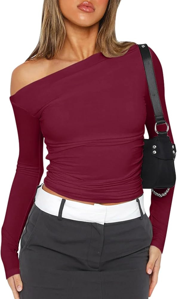 PINKMSTYLE Long Sleeve Off The Shoulder Tops for Women Double Lined Y2K Going Out Tops Concert Ou... | Amazon (US)