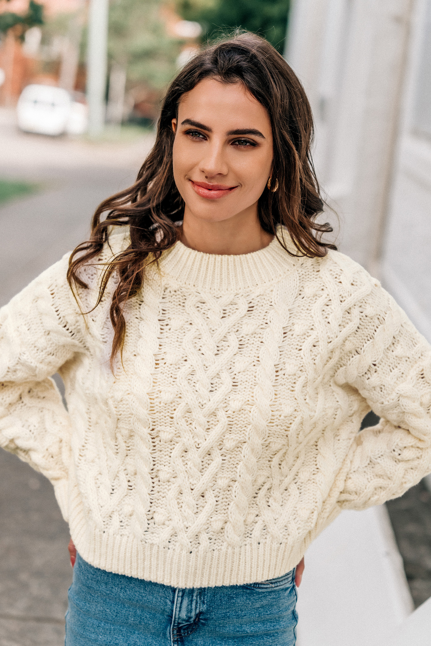 Beige Cable Knit Drop Shoulder Sweater - L | Cupshe US