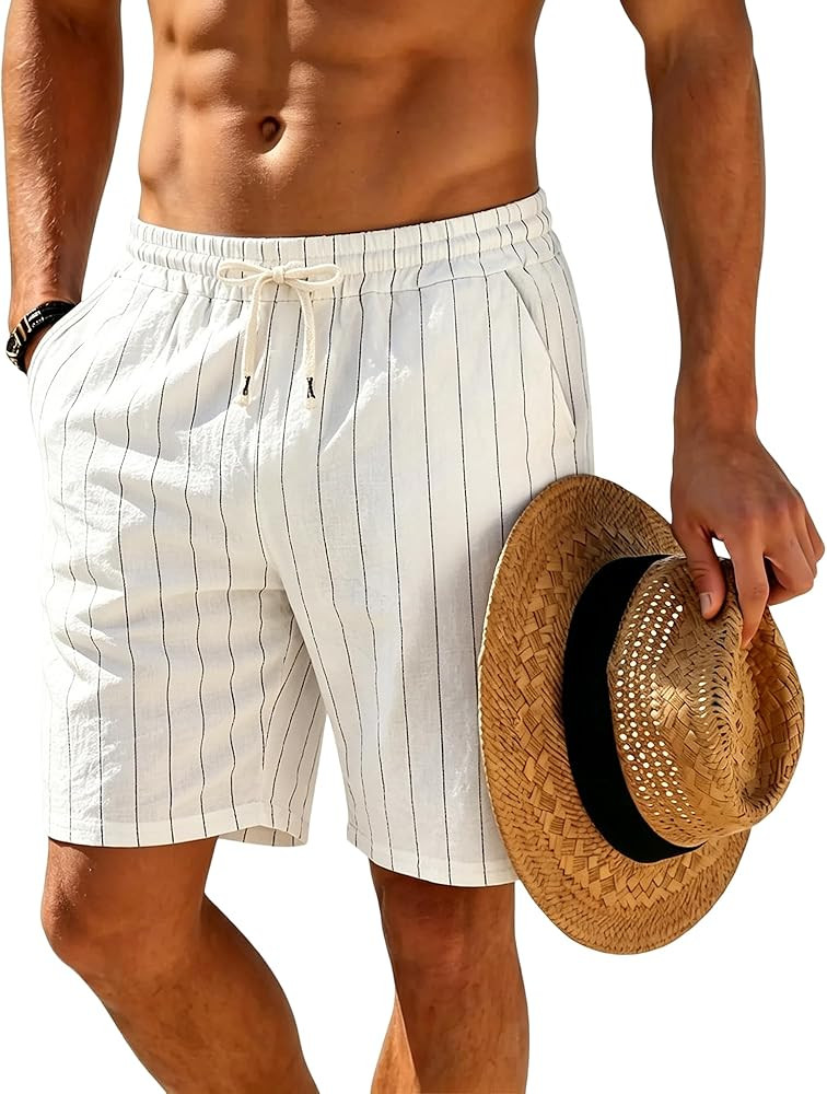 Mens Linen Shorts Casual Drawstring Elastic Waist Lightweight Breathable 7 Inch Inseam Summer Bea... | Amazon (US)