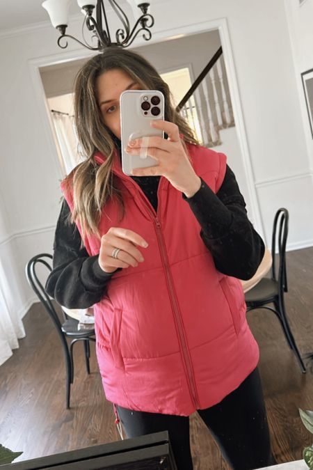 Pink puffer vest. Love this over an all black outfit for a pop of color! Wearing size medium  Amazon find. Amazon style. Oversized vest. Casual chic. Mom style. Everyday style. Bump style. Winter style. Outerwear. 

#LTKbump #LTKstyletip #LTKfindsunder50