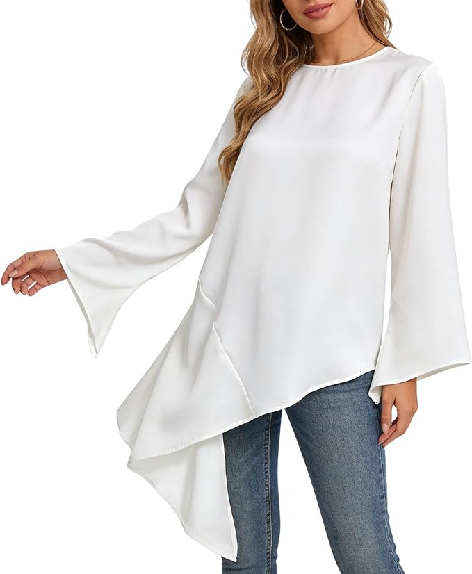 Chevara Women’s Satin Asymmetric Tunic Top Flare Sleeve Crew Neck Backless Tie Up Summer Lightw... | Amazon (US)
