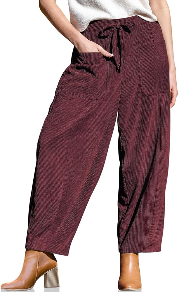 TARSE Women’s Corduroy Pants Baggy Wide Leg Pants Casual Elastic Waisted Palazzo Harem Pants wi... | Amazon (US)