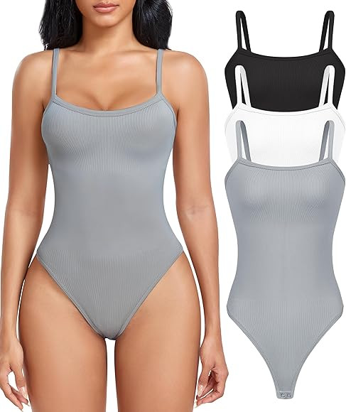 Womens Shapewear Bodysuit Tummy Control Seamless Ribbed Body Shaper Thong Sleeveless Adjustable S... | Amazon (US)