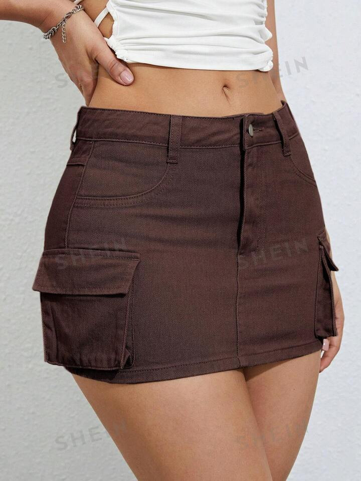 Flap Pocket Side Cargo Denim Skirt | SHEIN