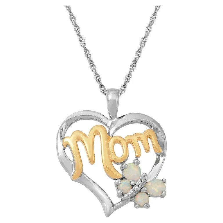 Brilliance Fine Jewelry Created Opal with Diamond Accent 'Mom' Heart in Sterling Silver Pendant, ... | Walmart (US)