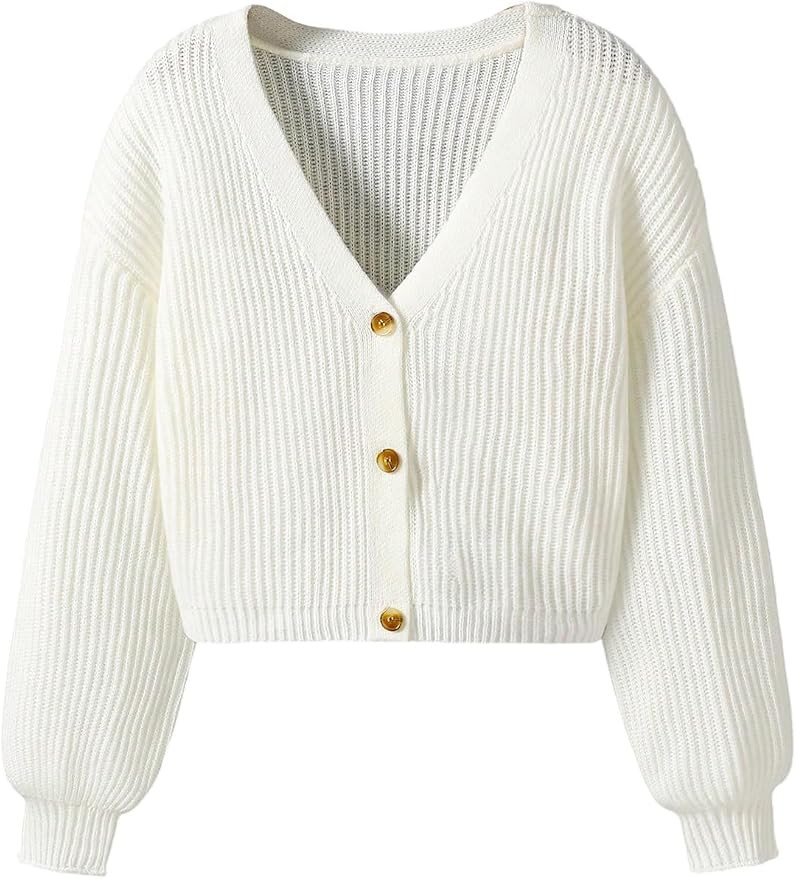 Floerns Girl's Button Up Cardigan Sweater V Neck Long Sleeve Loose Crop Sweaters | Amazon (US)