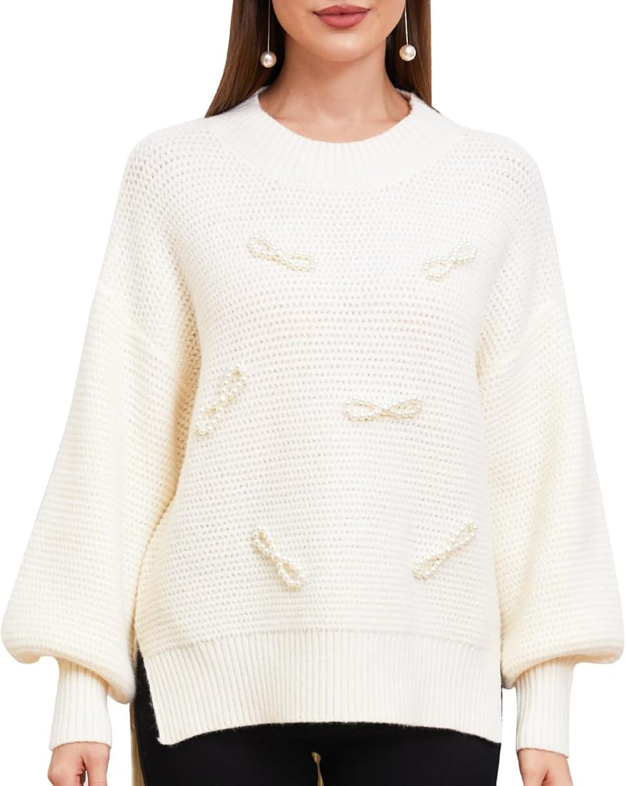Original Design Oversized Sweatshirt Pearl Bow-Tie Long Sleeve Round Neck Side Slit Knit Women Sw... | Amazon (US)