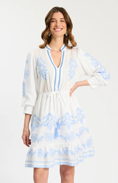Rona Linen Embroidered Dress - White Vista Blue | tyler boe