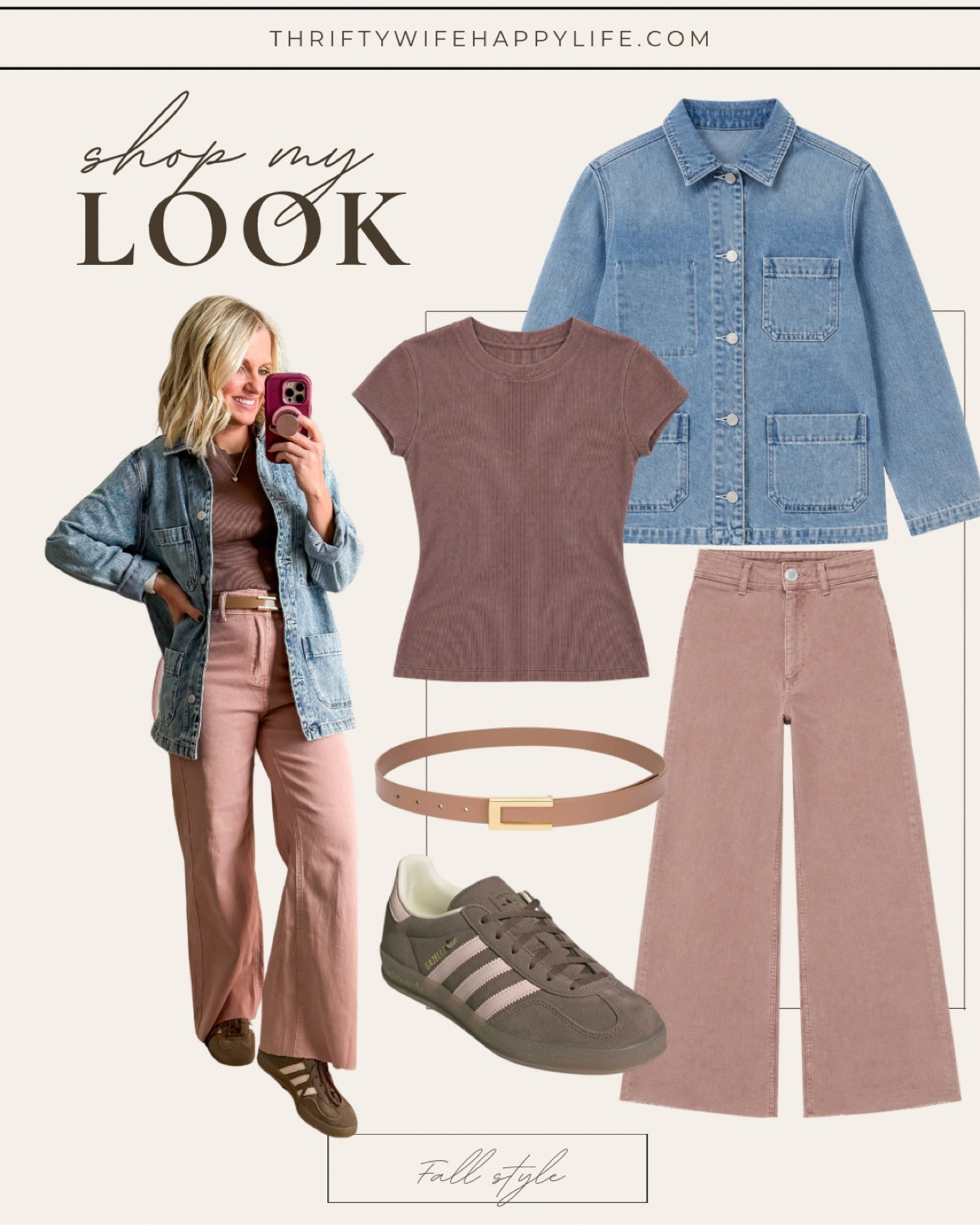 Shop my fall look: denim chore jacket, ribbed tee, pink wide-leg jeans, and sneakers 🤎