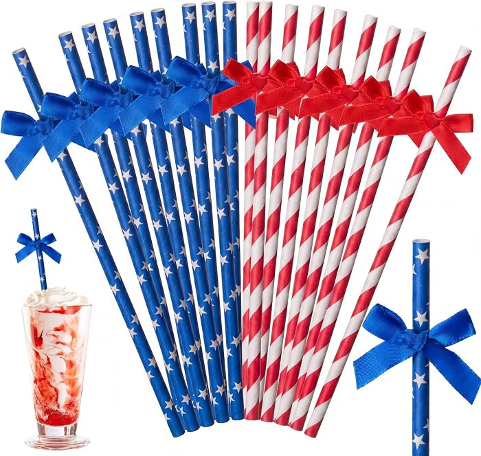 50 Pcs Bow Straws Bulk Disposable Paper Bow Striped Drinking Straws for Graduation Cake Decoratio... | Amazon (US)