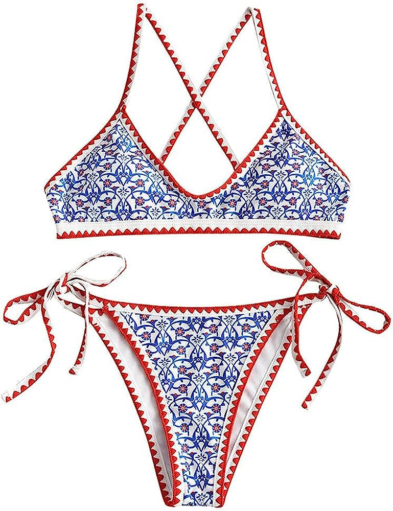 ZAFUL Women's Bohemian Swimsuit Strappy Tie Side Bikini Set Triangle Cheeky String Brazilian Swim... | Amazon (US)