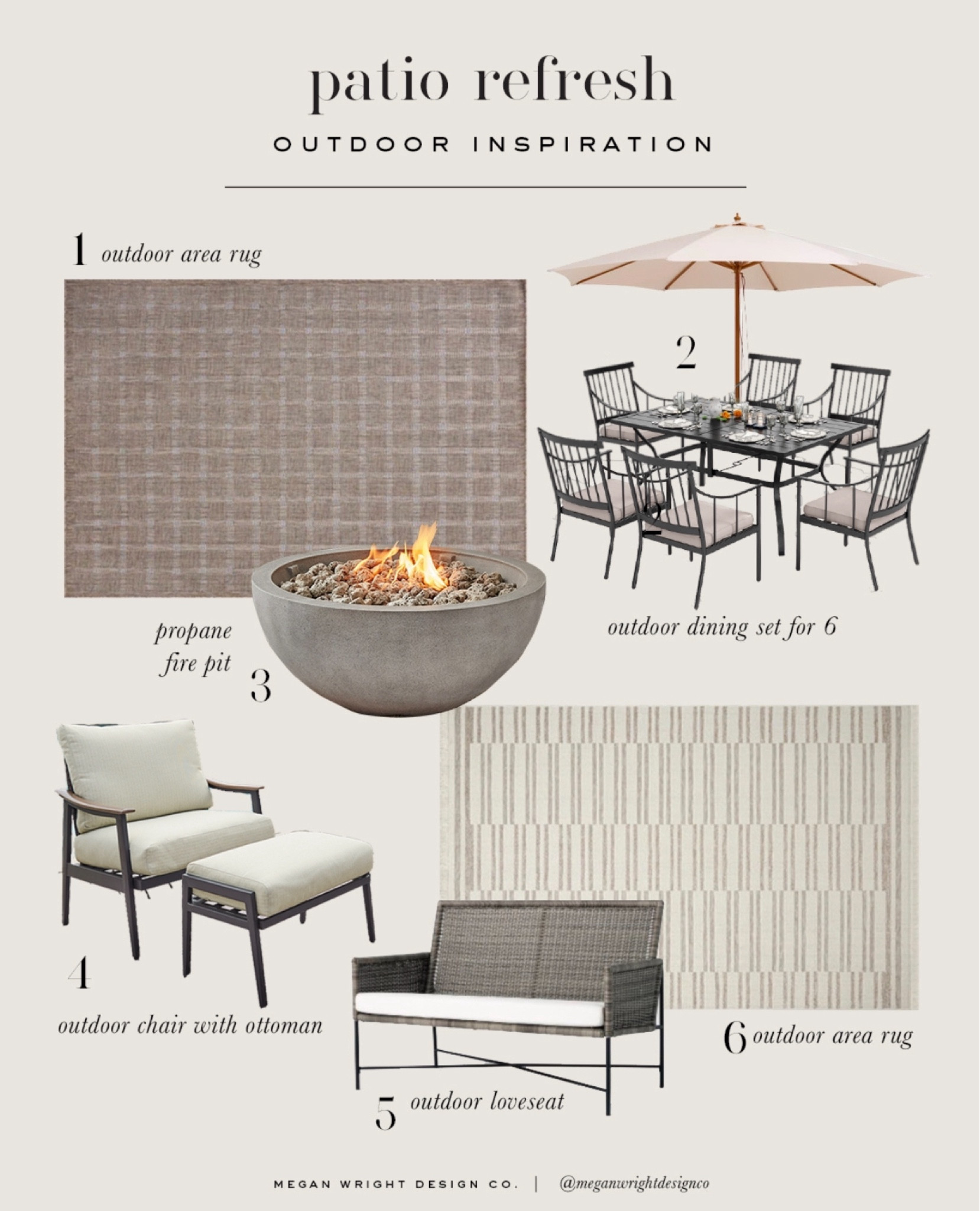 Patio refresh. Outdoor patio dining set, outdoor rugs, outdoor seating, outdoor chair and ottoman, fire pit

#LTKHome #LTKSeasonal #LTKxWayDay