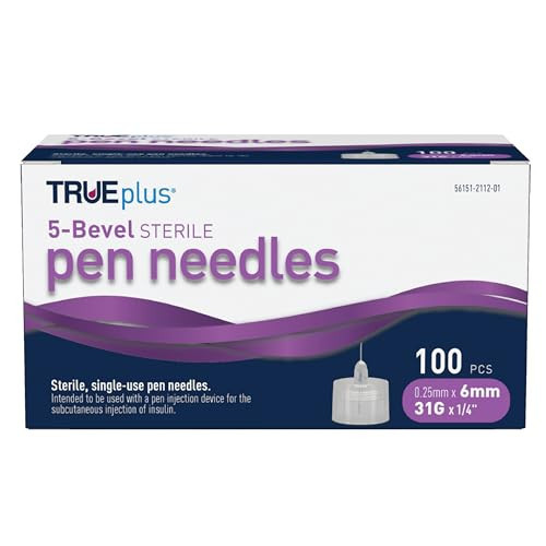 TRUEplus 5-Bevel Sterile Pen Needles, 31G x 6mm (1/4 Inch), Single-Use Needles, Silicone Coated, Compatible Thread with Major Pen Devices, 100 Count | Amazon (US)