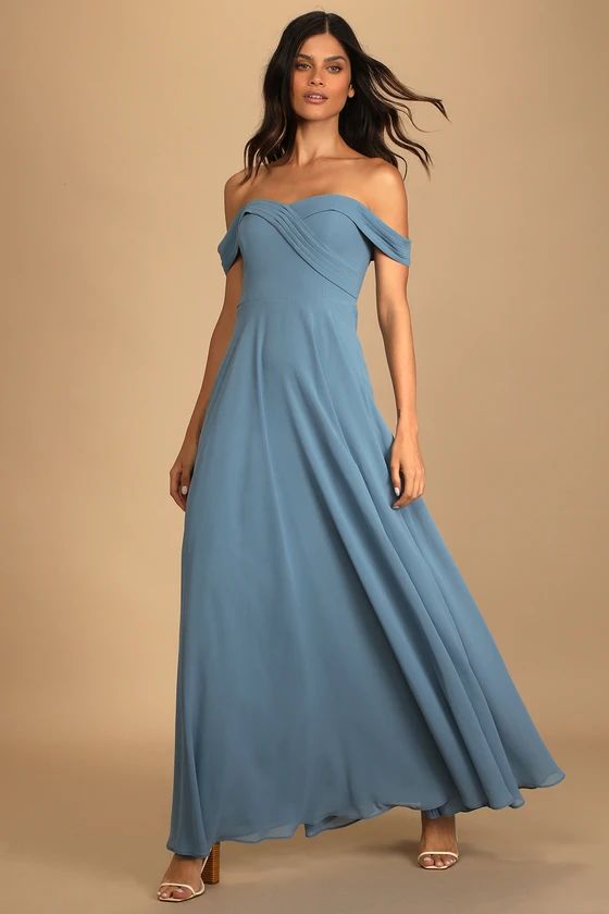 Romantic Elegance Slate Blue Off-the-Shoulder Maxi Dress | Lulus (US)
