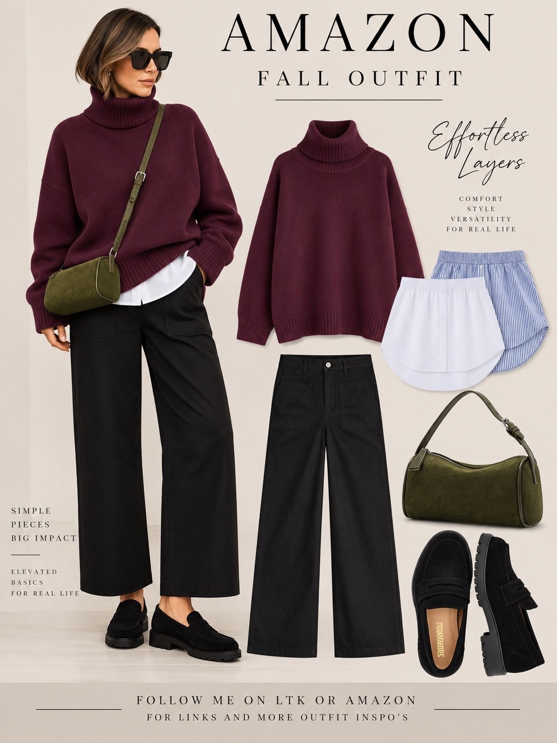 I love an outfit that plays with proportions. An oversized burgundy turtleneck layered over a crisp white shirttail, relaxed cropped trousers, and chunky suede loafers. The olive green bag brings in an unexpected color combination that makes the whole look more interesting.
Relaxed without looking careless, polished without feeling too dressed up. Every piece has a purpose, and nothing feels overdone.
All styled with Amazon finds.