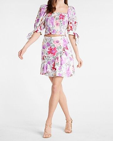 Two Piece Set: Floral Smocked Top + Ruffle Mini Skirt | Express