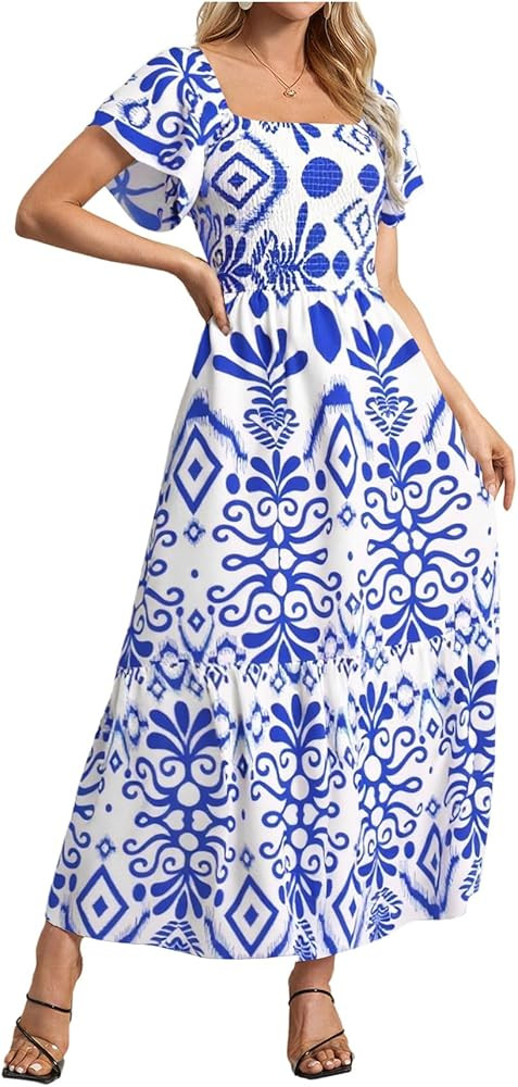 MakeMeChic Women's Floral Print Layered Short Sleeve Square Neck Ruffle High Waist A Line Summer ... | Amazon (US)