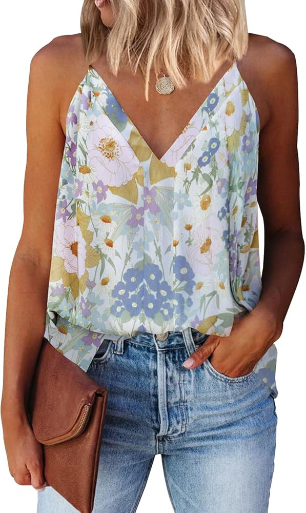 miduo Womens V Neck Strappy Tank Tops Loose Casual Sleeveless Shirts Blouses | Amazon (US)