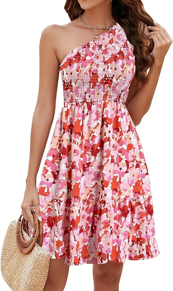 Naggoo Womens 2024 Floral Summer Dress One Shoulder Sundresses Boho Ruffle Beach Mini Dresses | Amazon (US)