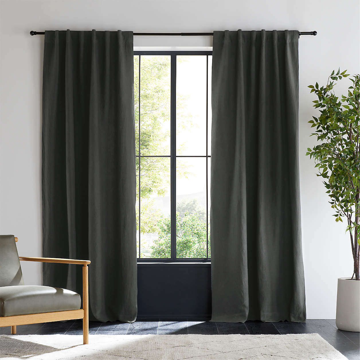 Storm Grey EUROPEAN FLAX -Certified Linen Blackout Window Curtain Panel 52"x108" | Crate & Barrel | Crate & Barrel