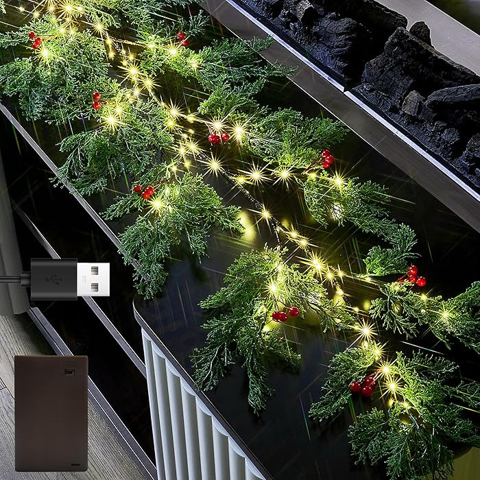 Fudios Lighted Pine Garland with Timer Red Berry Decor 80 LED 6FT Battery Operated USB Plug in,Li... | Amazon (US)