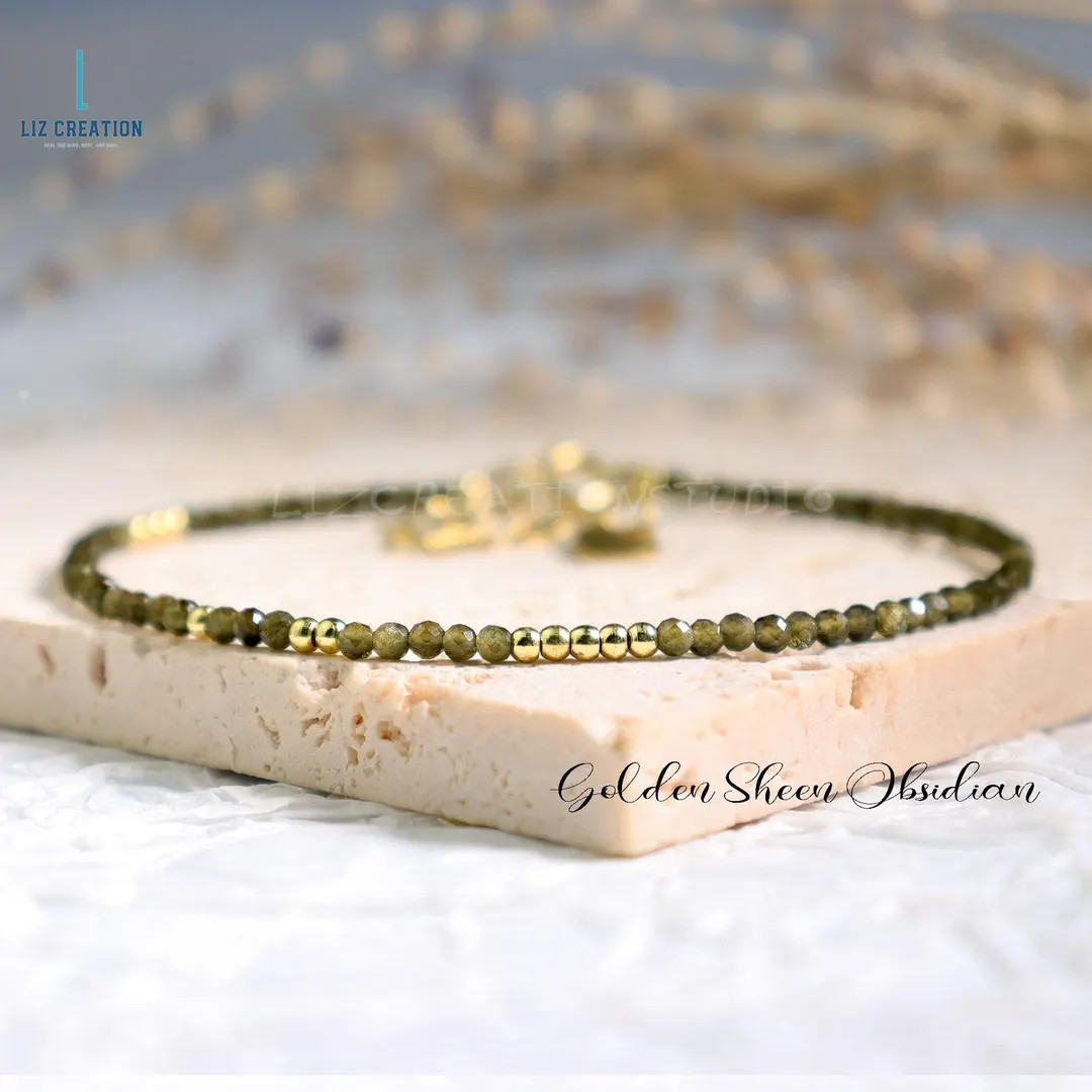 Minimalist Gold Sheen Obsidian Bracelet Natural Stone Gold Sheen Obsidian Dainty Bracelet Crystal... | Etsy (US)