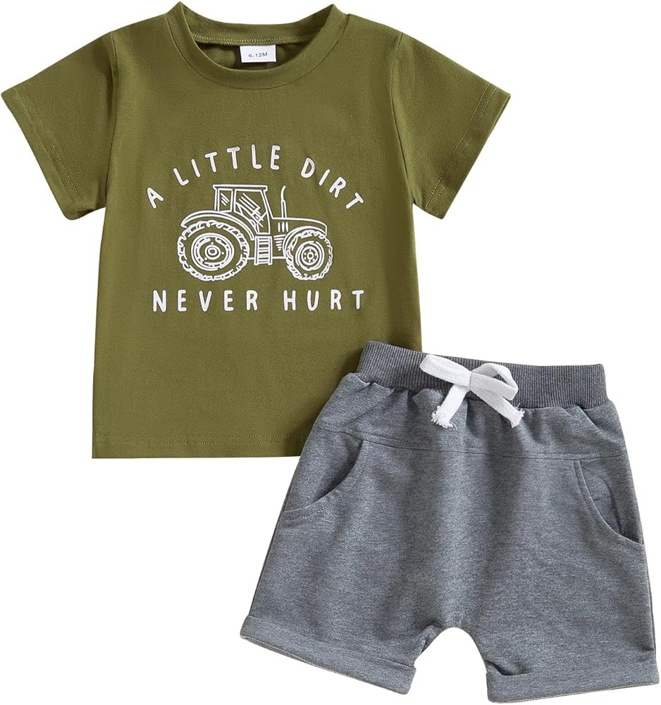 Toddler Baby Boy Summer Clothes Infant Tractor Outfit Letter Print Short Sleeve TShirt Tops and S... | Amazon (US)