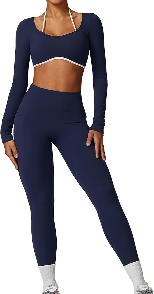 Workout Sets for Women 2 Piece Outfits Seamless High Waist Leggings Yoga Long Sleeve Crop Tops At... | Amazon (US)