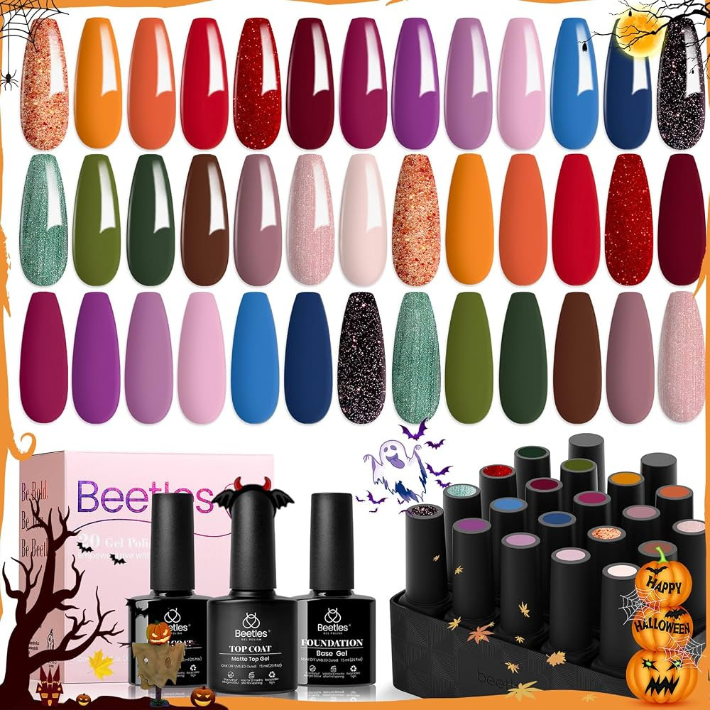 beetles Gel Polish Nail Set 20 Pcs Fall Winter Colors Orange Red Navy Blue Glitter Fall Yard Coll... | Amazon (US)