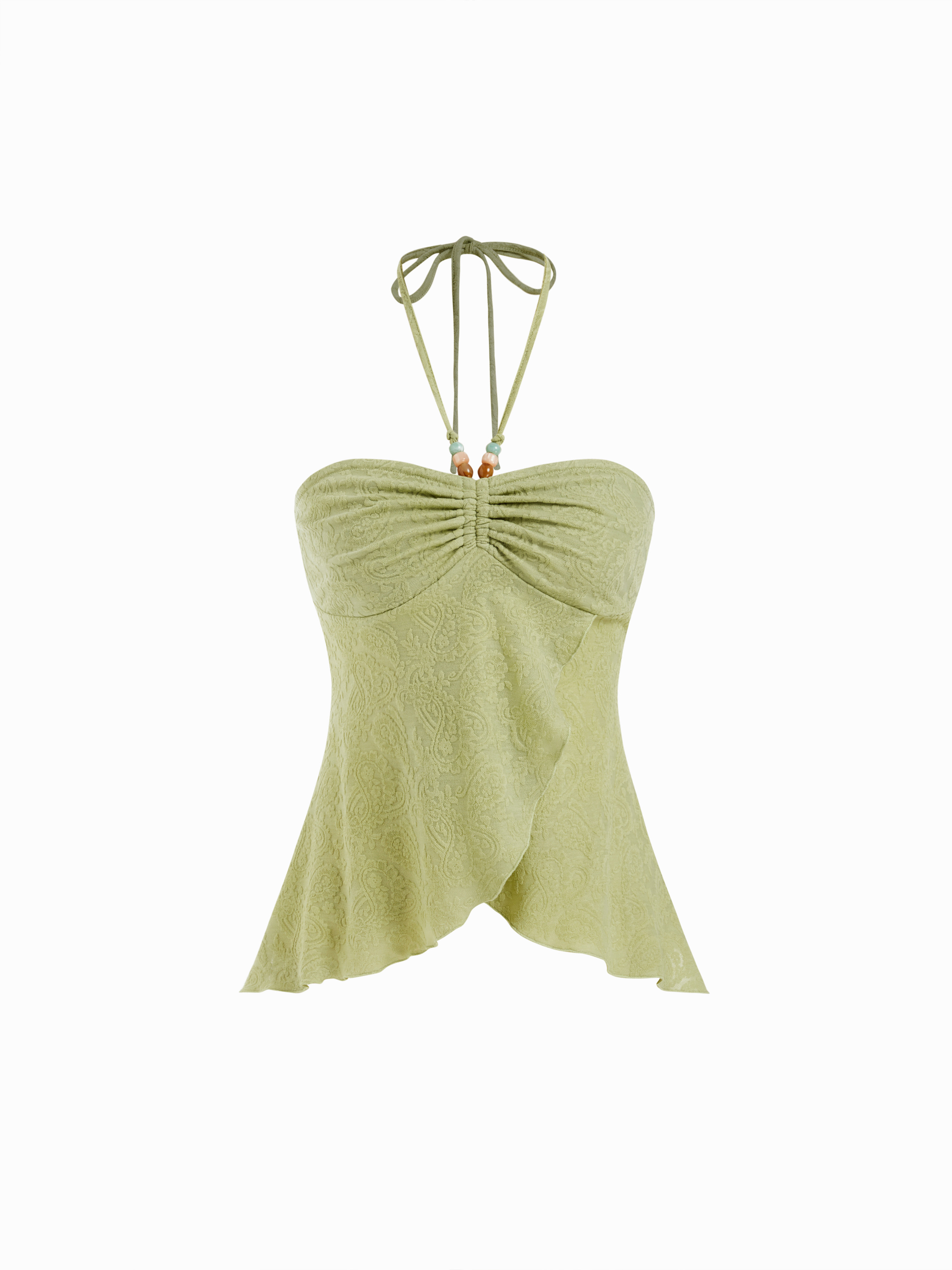 Woven Paisley Lace Halter Neck Ruched Beaded Top For Daily Casual Vacation Holiday | Cider