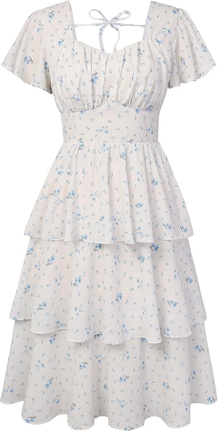 Belle Poque Women's Vintage Square Neck Dress 2026 Summer Short Sleeve Layered Tiered Ruffle A-li... | Amazon (US)
