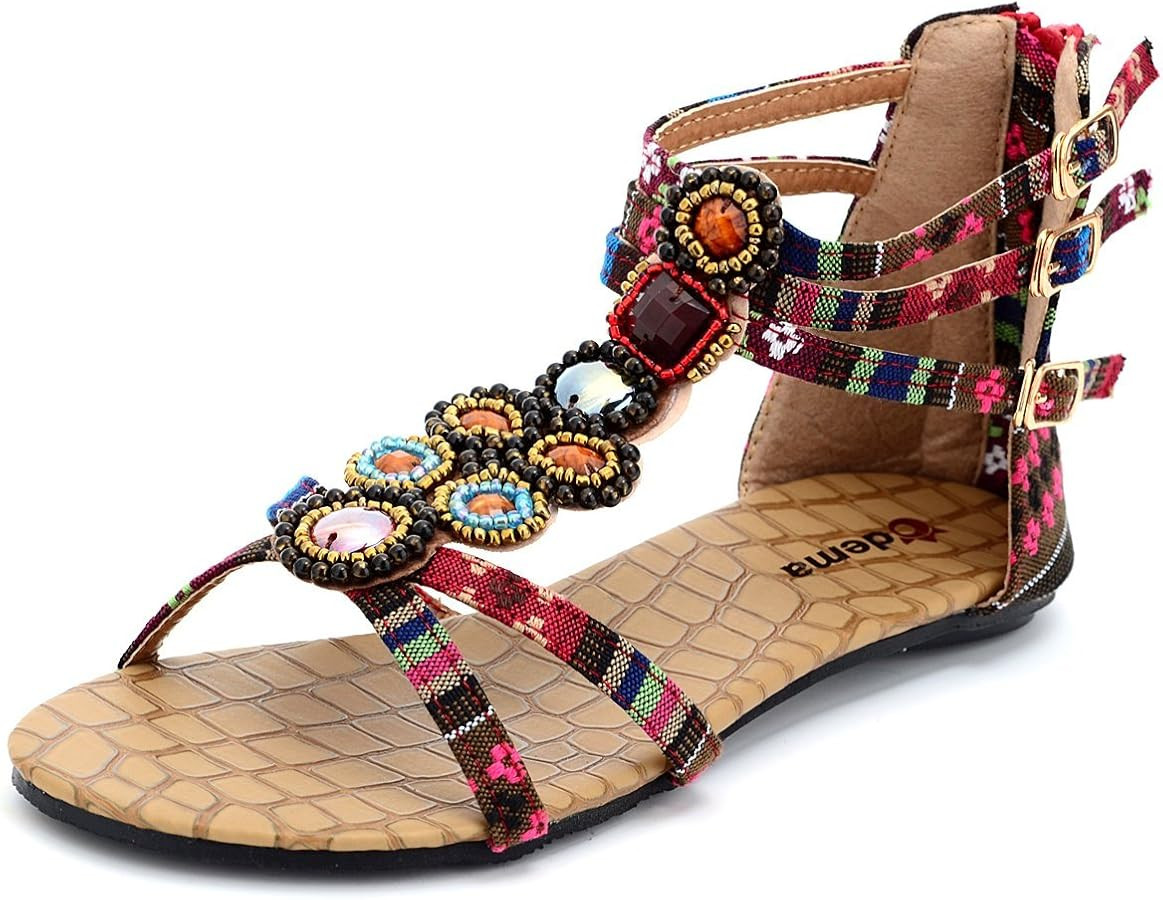 Odema Womens Flat Sandals Bohemian Beads Coin Back Zip Thong Dressy Shoes | Amazon (US)