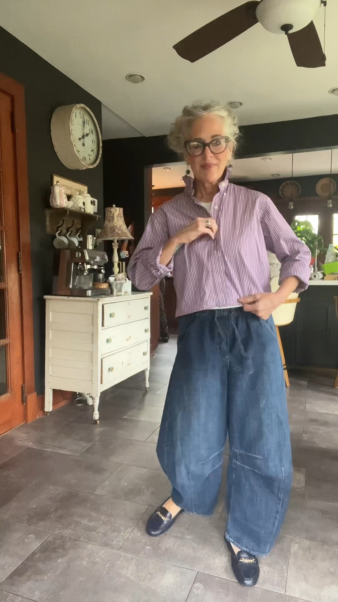 OOTD 5/21/2026. Love these barrel jeans with my up cycled men’s shirt!