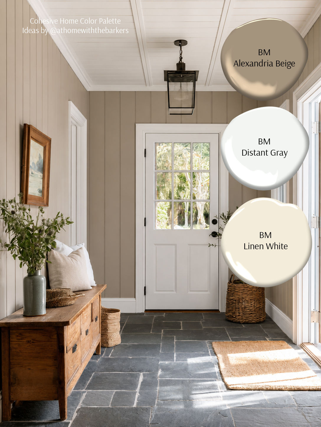This tan, black and white entryway is a classic style you will love for years. Benjamin Moore Alexandria Beige for the walls, Distant Gray for the ceilings and trims, Linen White for adjoining rooms and accessories. 

 #LTKHome #LTKSaleAlert