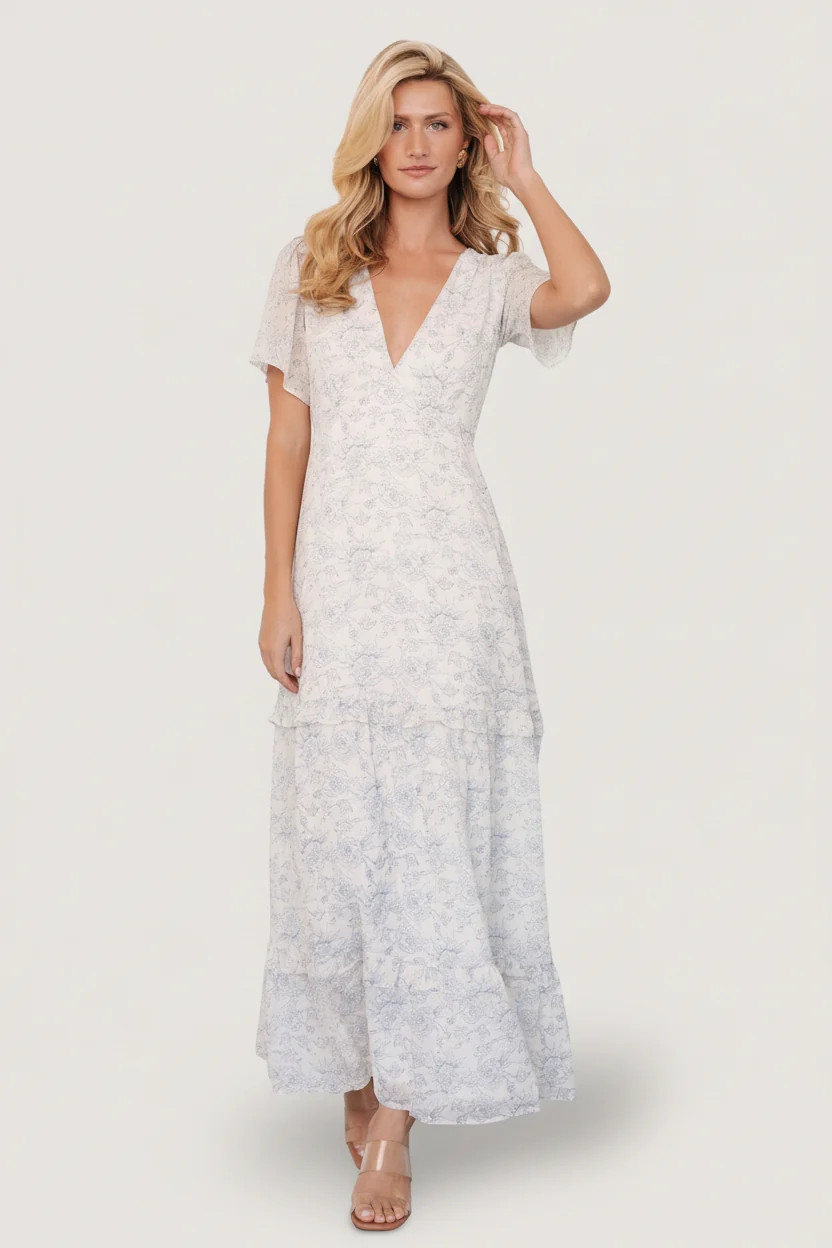 Audrey Deep V Maxi Dress — Off White & Blue | Baltic Born | Baltic Born
