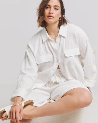 White Cheesecloth Double Pocket Long Sleeve Shirt | Simply Be (UK)